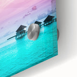 Large abstract depiction of Bora Bora in muted blue and green tones on acrylic glass, ideal for dining room art.