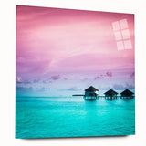 Acrylic print of a serene Bora Bora landscape in subtle blue and green tones, ideal for bedroom or dining room art.