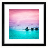 Colorful abstract art print of French Polynesia scenery in vibrant blues and greens, framed in black.