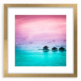 Extra large abstract art print of Bora Bora in textured style with blue and green tones on a framed canvas.