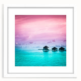 Abstract art print of Bora Bora in muted blue and green tones on a framed white canvas, suitable for dining room decor.