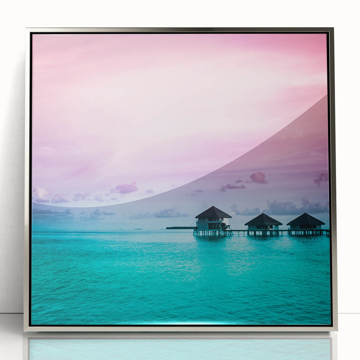 Mid-century modernist art depicting Bora Bora's serene landscape on a silver-framed acrylic print.