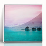 Art deco style poster of Bora Bora with pastel blue and green tones on a white framed acrylic.