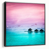 Black and white wall art of Bora Bora landscape on framed canvas, ideal for bedroom decor.