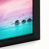 Framed canvas featuring a black textured art of Bora Bora with colorful accents, ideal for living room decor.