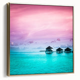 Framed canvas of a serene Bora Bora landscape with silver and gold tones, ideal for bedroom wall art.