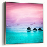 Framed canvas of a vintage-style landscape painting depicting the serene Bora Bora scenery.