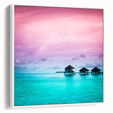 Vintage poster art of Bora Bora with colorful palette on extra large framed canvas, ideal for living room decor.
