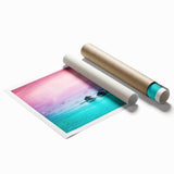 Extra large rolled print of a serene Bora Bora beach with vibrant blue and green hues, ideal for classy bathroom wall art.