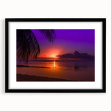 Extra large, colorful abstract art print of French Polynesia scenery on textured canvas, framed in black.