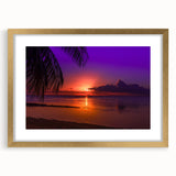 Extra large abstract art print of a serene Tahitian landscape in cool blues and greens, framed in gold.