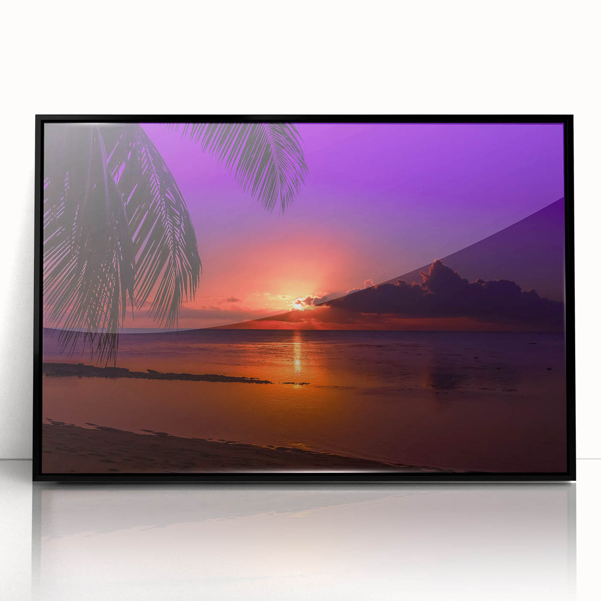 Large abstract wall art depicting the serene Tahitian landscape in muted blue and green hues, framed in black acrylic.