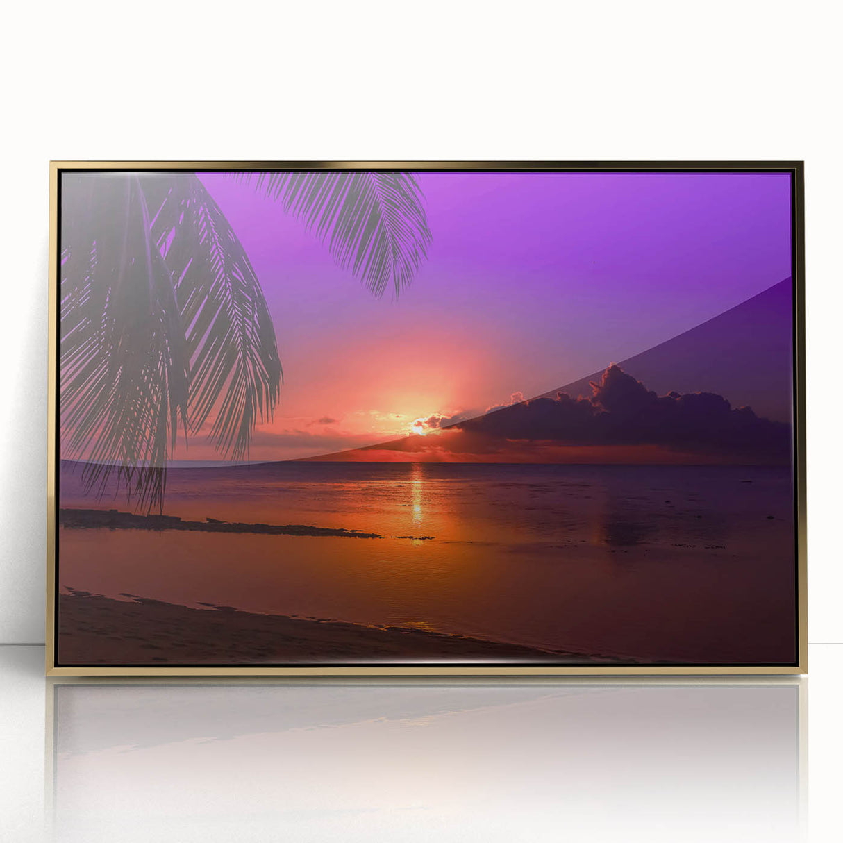 Mid-century modernist acrylic print of a Tahitian landscape, featuring muted green and blue tones.