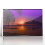 Art deco poster of Tahiti beach scene in pastel colors on white framed acrylic, ideal for nursery wall art.