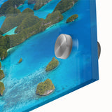 Large abstract wall art in mid-century modernist style, featuring oceanic hues on acrylic glass.