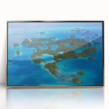 Mid-century modernist acrylic print of Micronesia scenery in muted gold and blue tones, ideal for modern art wall decor.