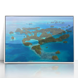 Art deco poster of an oceanic Micronesian scenery in muted blue and white tones, framed acrylic.