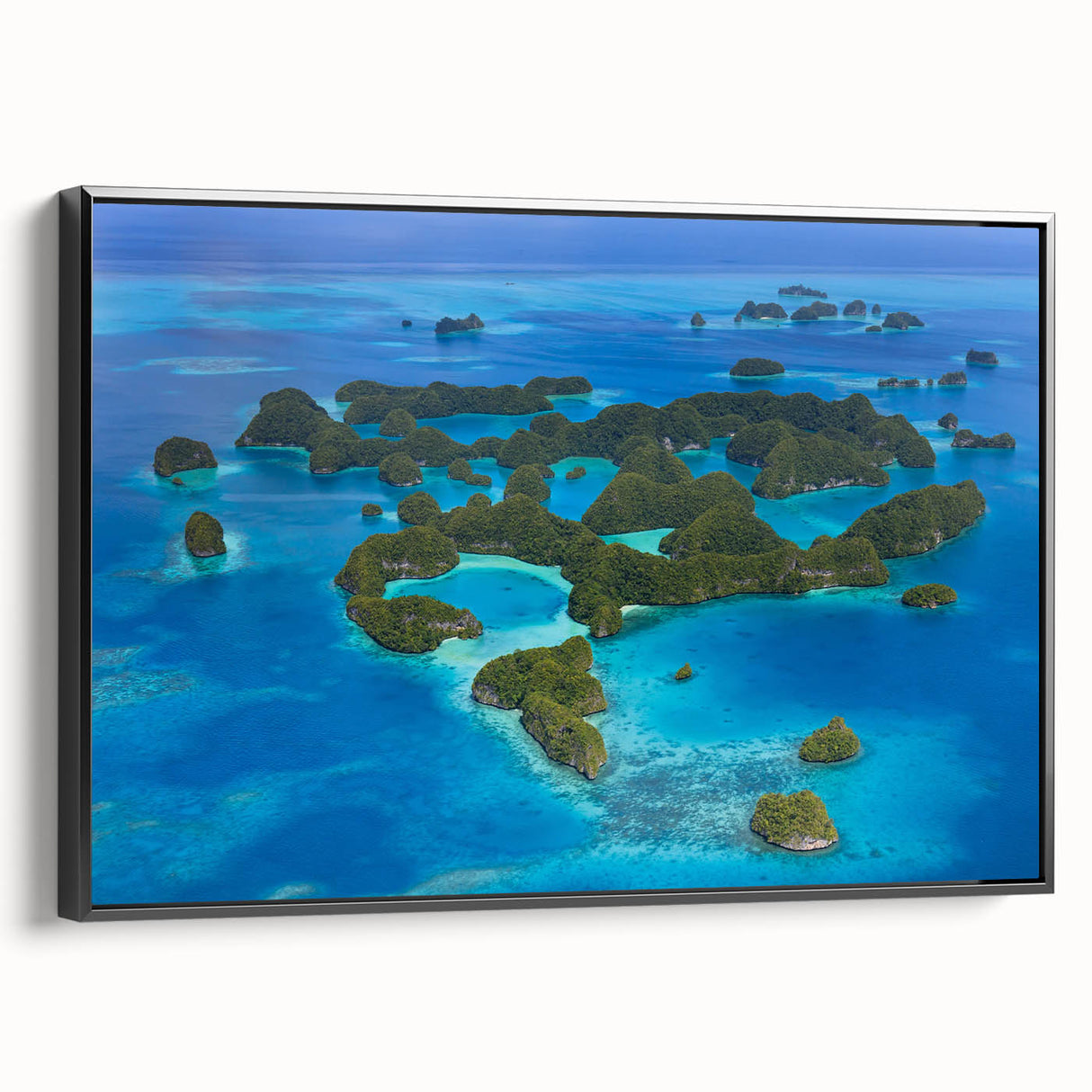 Black and white framed canvas of a Micronesian landscape, ideal for bedroom wall art.
