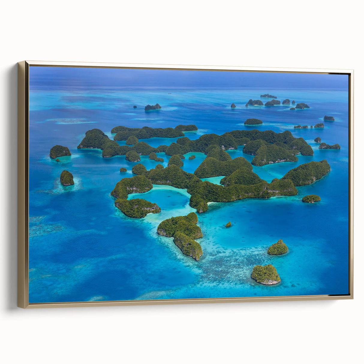 Framed canvas wall art depicting a vintage Micronesian landscape in muted gold and black tones, ideal for bedroom decor.