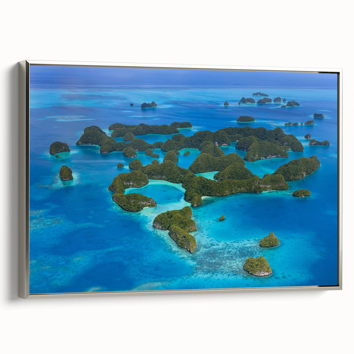Landscape art painting depicting a scenic view of Micronesia on a framed canvas, featuring vibrant blue and green tones.