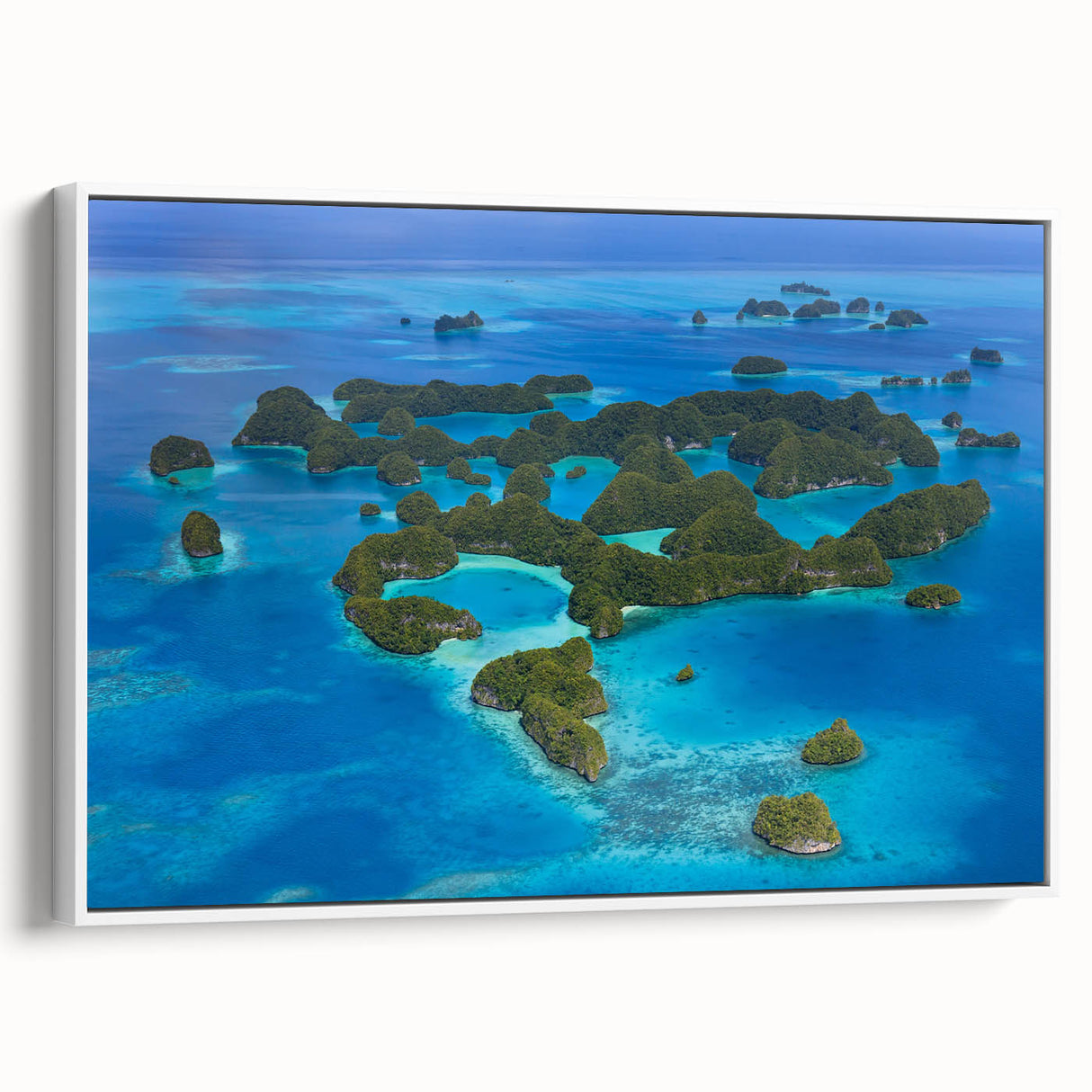 Vintage poster art of Micronesia scenery on white framed canvas, featuring vibrant oceanic colors.