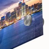 Large abstract depiction of Auckland's coast in muted blue and green hues on acrylic glass, suitable for dining room art.