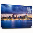 Acrylic print of Auckland skyline with muted blue and gray tones, suitable for modern bedroom or dining room decor.