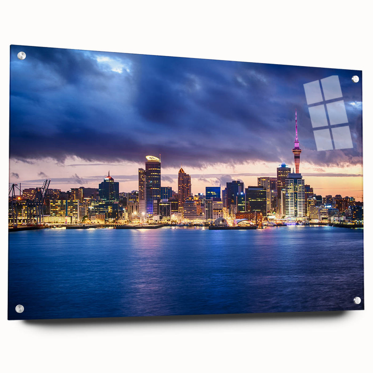 Acrylic print of Auckland skyline with muted blue and gray tones, suitable for modern bedroom or dining room decor.