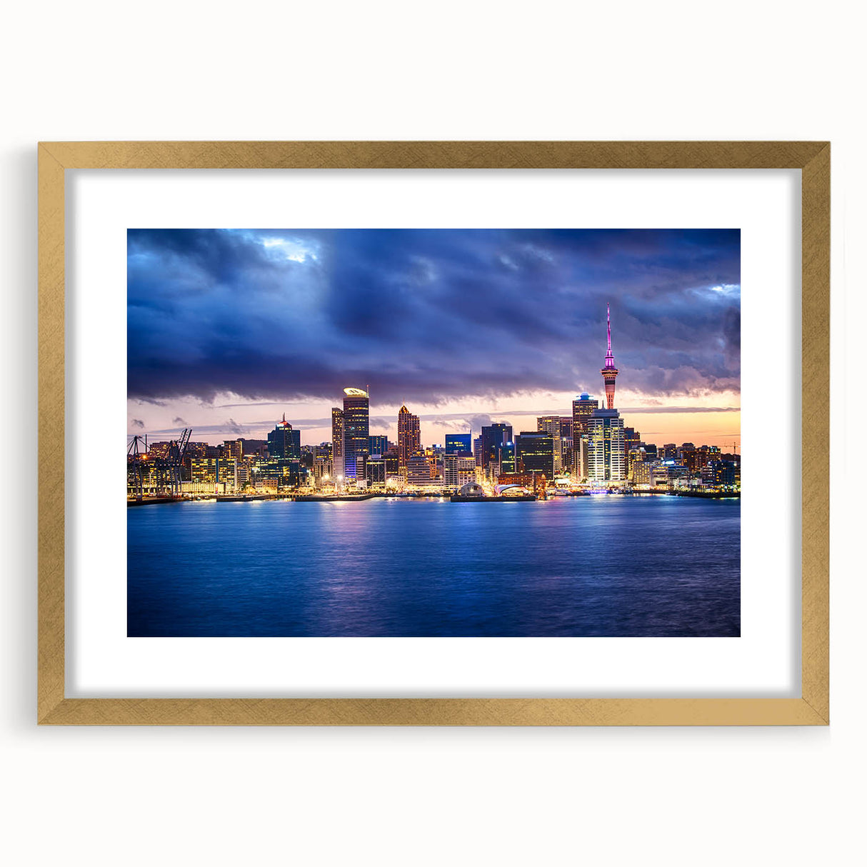 Extra large wall art of Auckland, New Zealand, in abstract style with textured gold frame, ideal for living room decor.