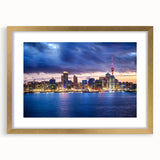 Extra large wall art of Auckland, New Zealand, in abstract style with textured gold frame, ideal for living room decor.