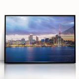 Large abstract wall art of Auckland's skyline in muted grays and blues on a framed acrylic, ideal for modern art wall decor.