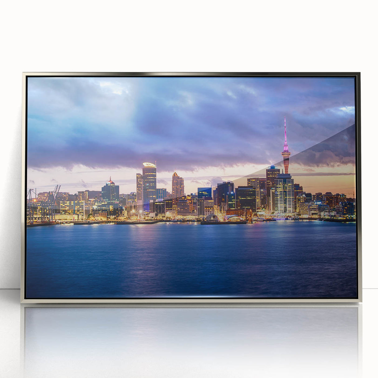 Framed acrylic print of Auckland skyline in mid-century modernist style, showcasing muted blue and silver tones.