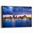 Black and white framed canvas of Auckland landscape, in a vintage poster style, ideal for bedroom wall decor.