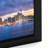 Extra large framed canvas of Auckland scenery in black with colorful, textured details, ideal for living room decor.