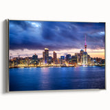 Framed canvas of Auckland landscape with vibrant colors on a black background, ideal for living room decor.