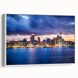 Vintage poster art of Auckland skyline in colorful hues on a large framed canvas, ideal for living room decor.
