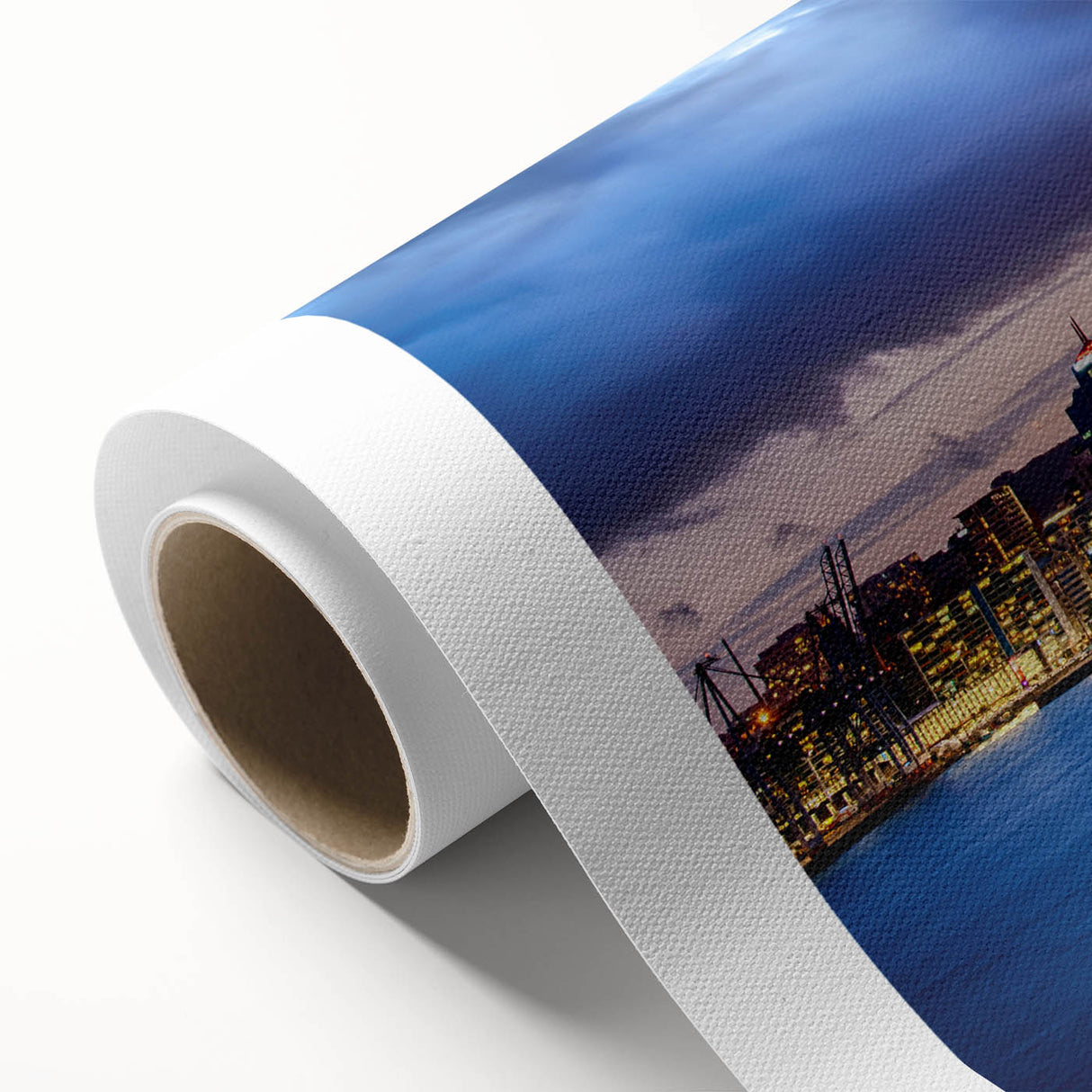 Art deco poster of Auckland skyline in muted blues and greens on rolled canvas, ideal for nursery wall art.
