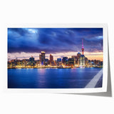 Extra large rolled print of Auckland skyline in muted gray and blue tones, ideal for art wall dining room or bathroom.