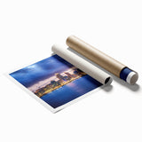 Rolled print of Auckland skyline with muted blue and gray tones, ideal for classy bathroom wall art.