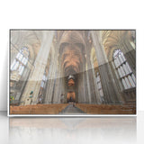 Art deco poster depicting the Canterbury, New Zealand scenery in muted green and blue tones on a white framed acrylic print.