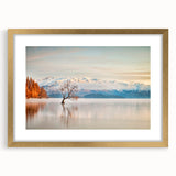 Extra large abstract art print of Otago, New Zealand in textured gold frame, with a palette of earthy tones.