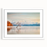 Abstract art print of Otago, New Zealand, in muted blue and green tones on a white-framed canvas.