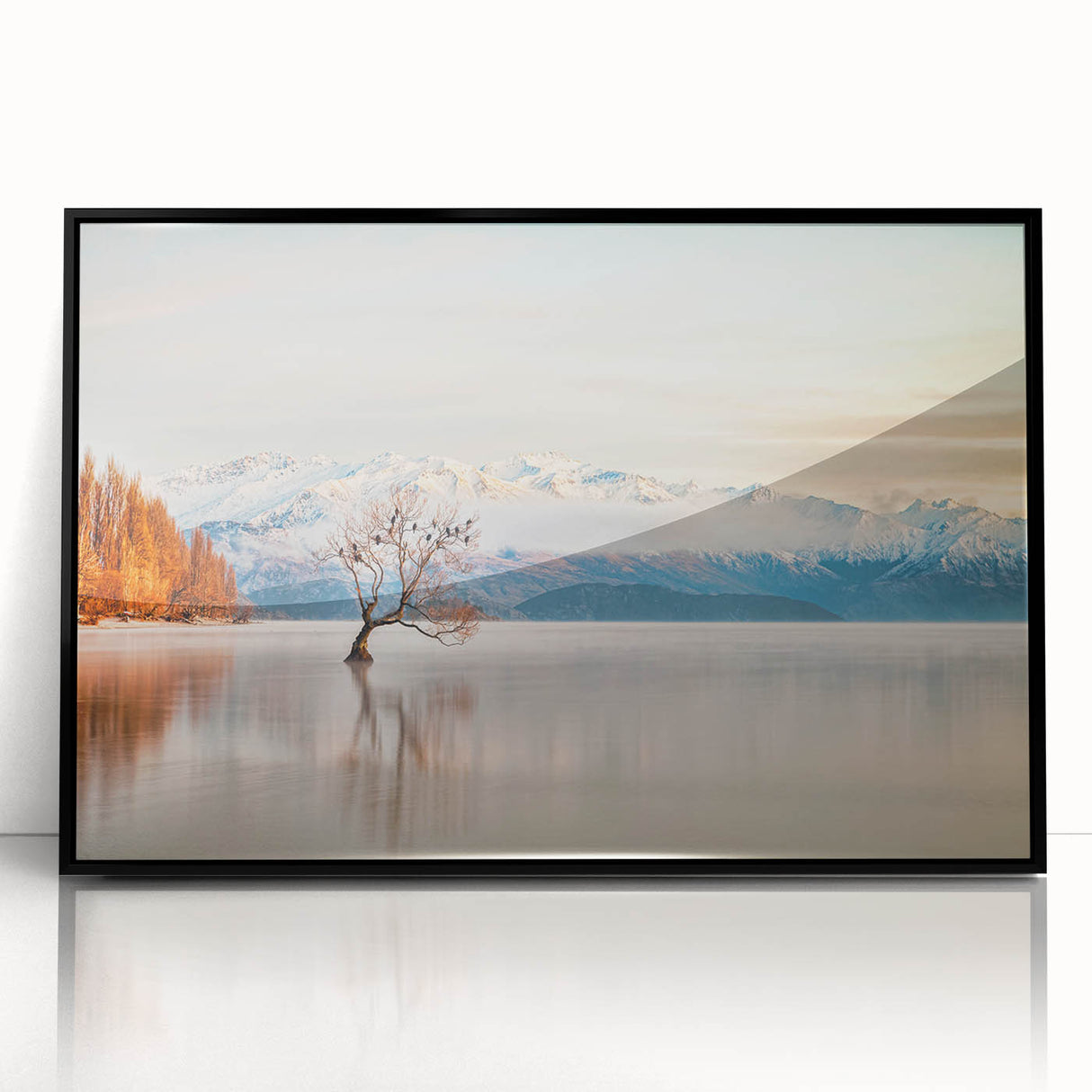 Large abstract wall art depicting New Zealand's Otago scenery in muted earth tones, framed in black acrylic.
