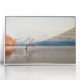 Framed acrylic print of Otago, New Zealand scenery in art deco style, featuring muted earth tones.