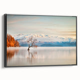 Black and white wall art featuring a vintage poster-style landscape of Otago, New Zealand, on a framed canvas.