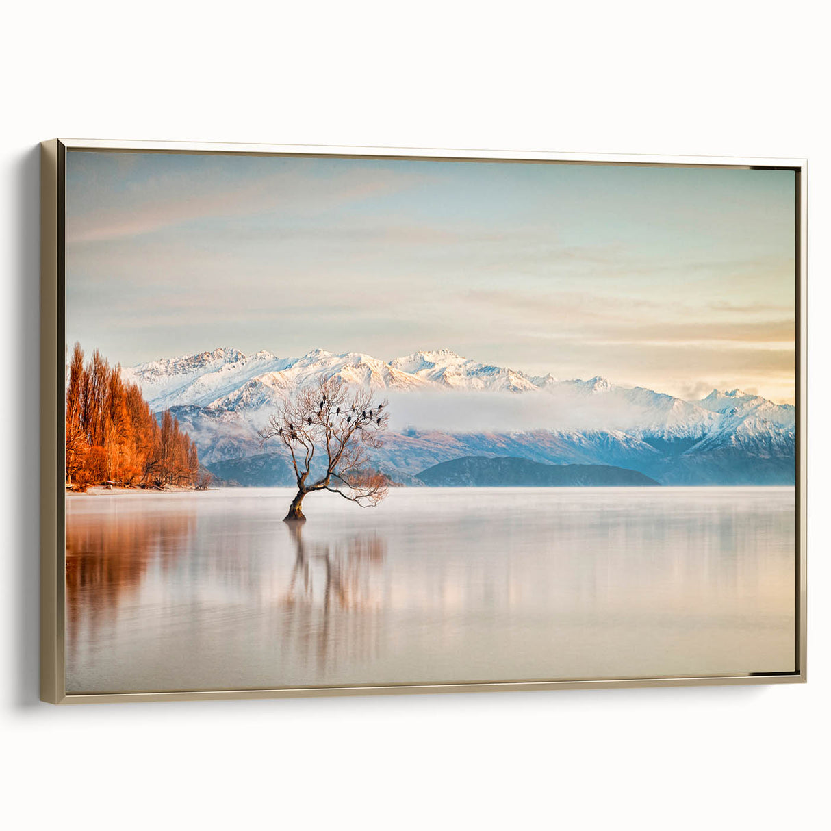 Framed canvas wall art depicting a vintage-style landscape of Otago, New Zealand, in muted gold and black tones.