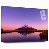 Acrylic glass print of Taranaki in New Zealand featuring large abstract ocean and mountain scenery in cool blue and green…
