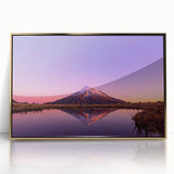 Mid-century modernist acrylic print of Taranaki, New Zealand in gold frame, featuring muted earth tones.