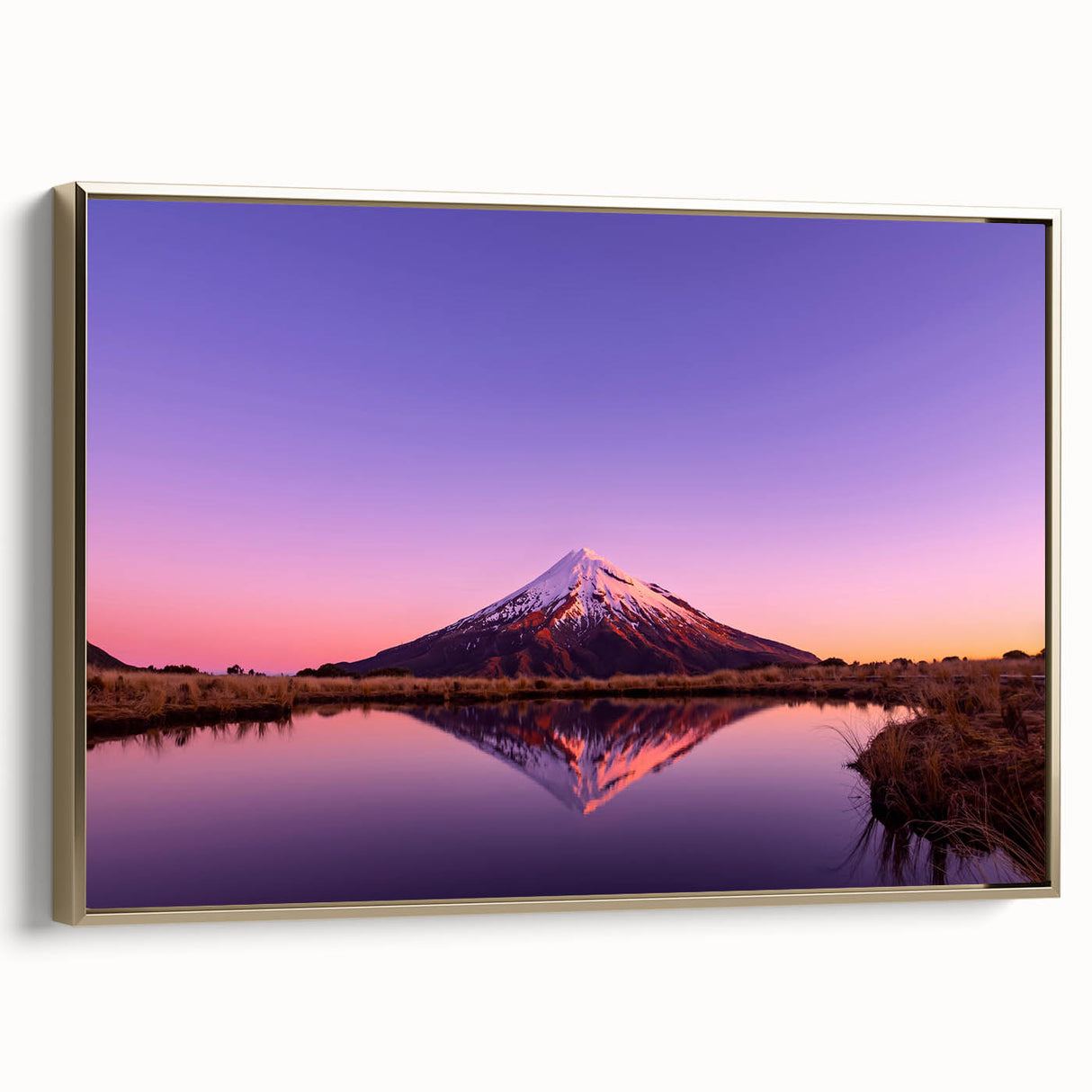 Framed canvas depicting a vintage-style landscape of Taranaki, New Zealand in black and gold tones.