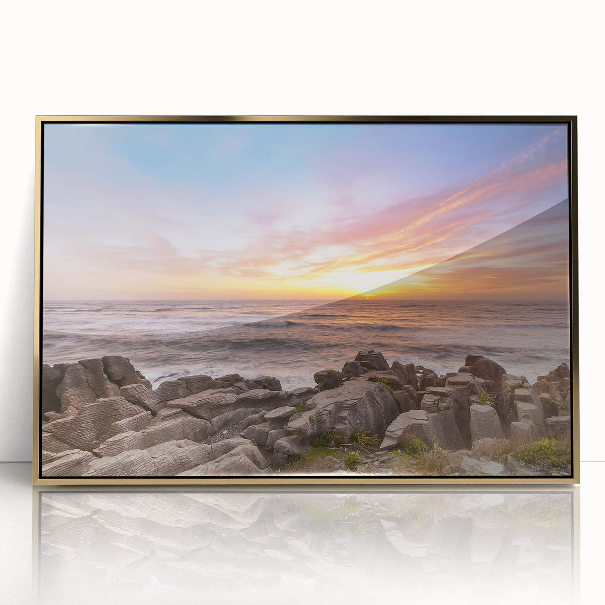Mid-century modernist acrylic print of New Zealand's West Coast in gold frame, ideal for modern art wall decor.